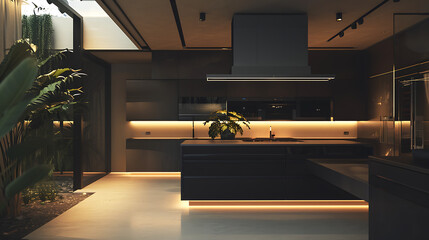 Uma cozinha minimalista elegante é iluminada pelo brilho suave da iluminação  L E D integrada criando uma sensação de elegância futurística  Um assistente inteligente alimentado por - obrazy, fototapety, plakaty