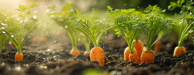 Ripe carrots plant growing in greenhouse, with water spray. Close up image - obrazy, fototapety, plakaty