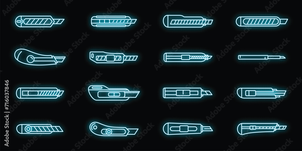 Sticker Home cutter icons set. Outline set of home cutter vector icons neon color on black