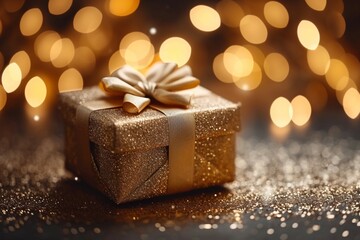 Luxury gifting Gold gift box shining against bokeh backdrop