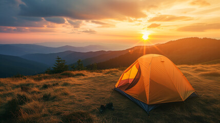 camping in the mountains at sunset