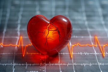 Heart health alert Red heart on ECG graph, potential risk - obrazy, fototapety, plakaty