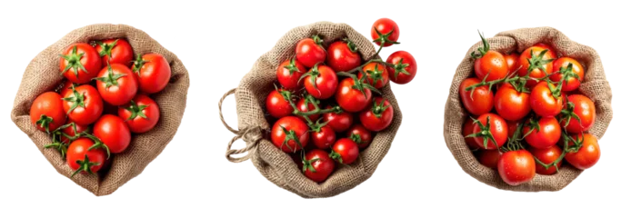 Fotobehang Top view of fresh red tomatoes in harvesting burlap bags over isolated transparent background © Pajaros Volando