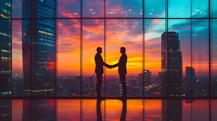 silhouette of a person, two business people shaking hands in front of a window with skyscrapers in the background at sunset or dawn