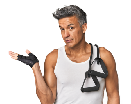 Athletic middle-aged Hispanic with resistance bands showing a copy space on a palm and holding another hand on waist.