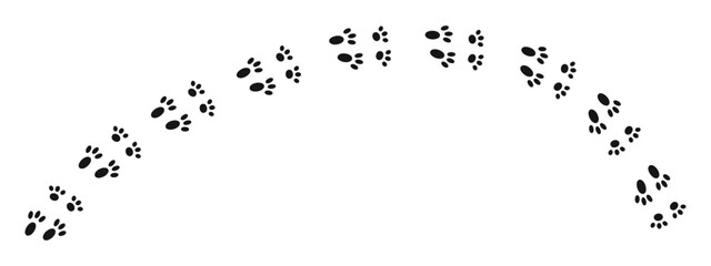 Bunny wet, mud or snow pawprints. Rabbit paw stamps. Trace of steps of running or walking hare or other wild animal isolated on white background. Easter concept. Vector graphic illustration - obrazy, fototapety, plakaty