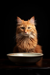 Ginger long fur cat sitting  and waiting food with an empty bowl empty black background