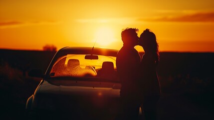 Couple kissing in sunset - obrazy, fototapety, plakaty