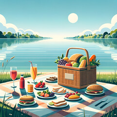 Fototapeta na wymiar Idyllic Lakeside Picnic Scene with Checkered Cloth and Wicker Basket Full of Food - Summer Leisure and Family Time Concept