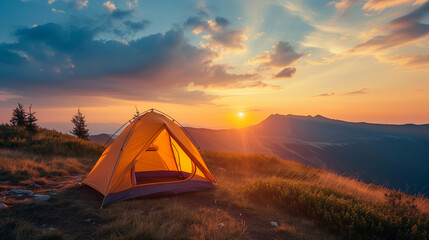 camping in the mountains at sunset