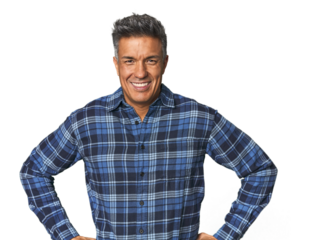 Middle-aged Latino man confident keeping hands on hips.