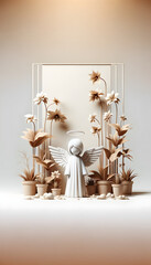 Serene Angelic Presence in Idyllic Garden - 3D Rendered Image of Tranquil Cherub with Halo, Embracing Nature, Concept of Peace, Love & Hope with Lush Floral Detailing for Calming Atmosphere