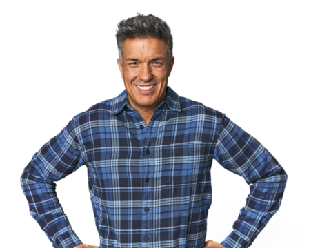 Middle-aged Latino man confident keeping hands on hips. - Powered by Adobe