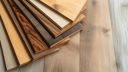 Wood laminate or vinyl floor samples. Assortment of parquet or laminate floor samples in natural colors. - obrazy, fototapety, plakaty