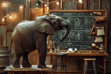 An imposing indian elephant disrupts the ordinary setting of a classroom as it confidently stands atop a table, drawing curious gazes from students and teacher alike - obrazy, fototapety, plakaty
