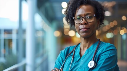 A joyful woman with a kind smile wearing blue scrubs and eyeglasses stands outdoors, radiating confidence and compassion as she prepares to care for others
