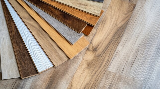 Wood laminate or vinyl floor samples. Assortment of parquet or laminate floor samples in natural colors.