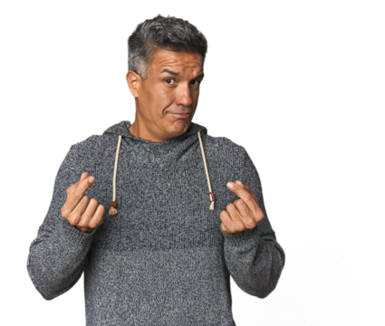 Middle-aged Latino man showing that she has no money.