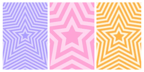 Fotobehang Set of posters with concentric stars. Trendy y2k patterns in pastel colors. Trippy psychedelic wallpaper designs. Aesthetic backgrounds with hypnotic effects. Vector flat illustration © vikusha_art
