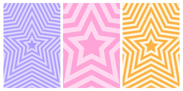 Set of posters with concentric stars. Trendy y2k patterns in pastel colors. Trippy psychedelic wallpaper designs. Aesthetic backgrounds with hypnotic effects. Vector flat illustration
