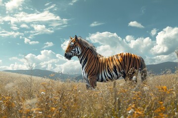 Fototapeta na wymiar A majestic bengal tiger stands tall in a vast field, surrounded by the beauty of nature and the towering presence of a distant mountain