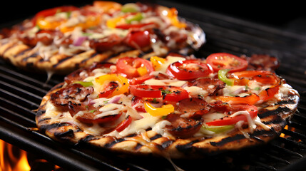 Big pepperoni pizza tasty composition with melting cheese bacon tomatoes ham paprika steam smoke on black background - obrazy, fototapety, plakaty