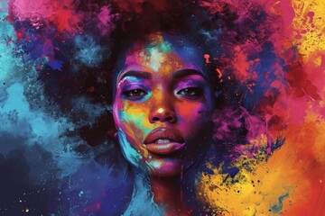 A vibrant portrait of a modern woman, adorned with colorful acrylic paint, captures the essence of art and self-expression
