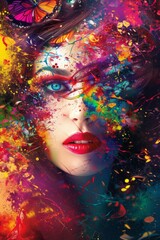 A vibrant portrait of a woman with a painted face, radiating artistic beauty and bold expression through colorful hues