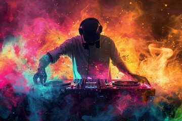 A vibrant deejay sets the stage ablaze, harmonizing with their music as colorful smoke dances around them - obrazy, fototapety, plakaty