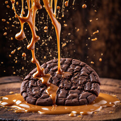 galleta de chocolate siendo salpicada por caramelo liquido
