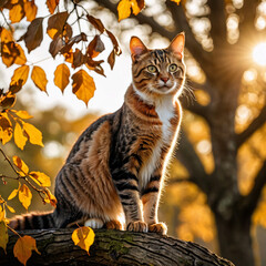 foto de un gato subido a un arbol en otoño con una puesta de sol bonita