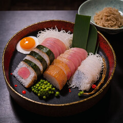 plato de comida japonesa con sushi, huevo, guisantes