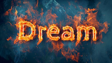 Fire Dream concept creative horizontal art poster. Photorealistic textured word Dream on artistic background. Horizontal Illustration. Ai Generated Imagination and Fantasy Symbol.