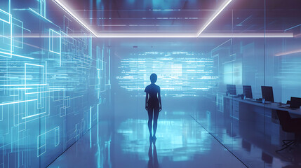 Um elegante espaço de escritório minimalista é iluminado pelo suave brilho azul de exibplavas holográficas futurísticas