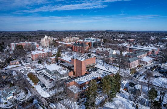 Aerial view of Framingham State University in winter 