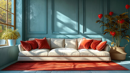 living room interior decorating for Valentine's Day with sofas and heart-shaped balloons