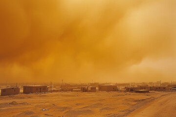 A yellow haze of pollution engulfs the sky, as a dust storm blankets the desert town in a thick layer of smoke and fog, leaving behind a trail of destruction in its wake