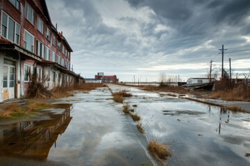 Amidst a winter landscape, an abandoned street lined with flooded buildings reflects the cloudy sky and a river running through the ground, leaving behind a desolate yet hauntingly beautiful scene