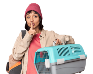 Young Hispanic woman ready for travel with pet carrier screaming very angry and aggressive.