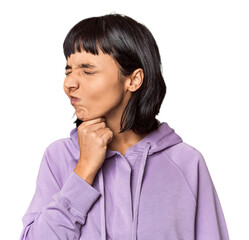 Young Hispanic woman with short black hair in studio suffers pain in throat due a virus or...