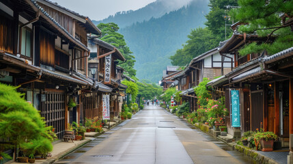 Obraz premium beautiful, clean and tidy street pass through traditional Japanese town.