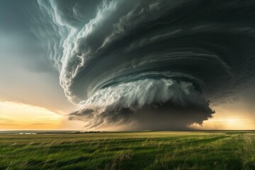 As dark clouds gather in the sky, a tornado descends upon a peaceful field, transforming the serene landscape into a chaotic scene of nature's power and fury