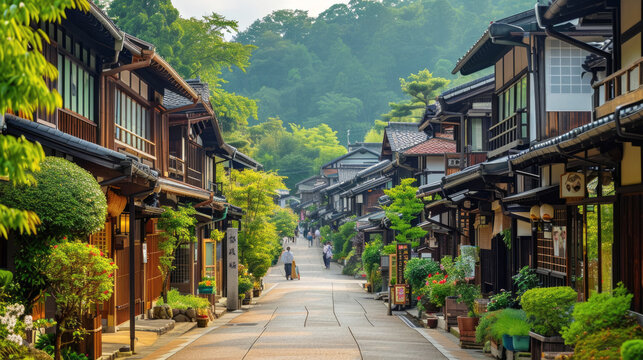 beautiful, clean and tidy street pass through traditional Japanese town.