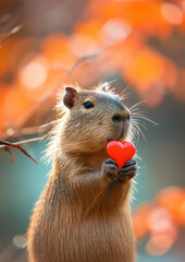 little cute capybara holding a heart on a blurred color background, valentine's day, symbol, love, February 14, postcard, animal - obrazy, fototapety, plakaty