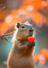 Foto op Plexiglas little cute capybara holding a heart on a blurred color background, valentine's day, symbol, love, February 14, postcard, animal © Julia Zarubina