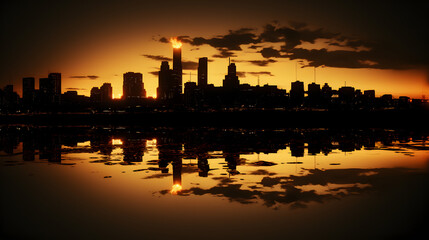 Fototapeta na wymiar sunset illuminates the silhouette of an urban setting