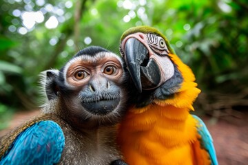 A vibrant macaw and curious monkey perch on a tree branch, showcasing the beauty of nature's creatures in the wild - obrazy, fototapety, plakaty