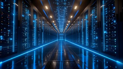 a long hallway with rows of servers in a data center with blue lights on the ceiling and flooring - obrazy, fototapety, plakaty