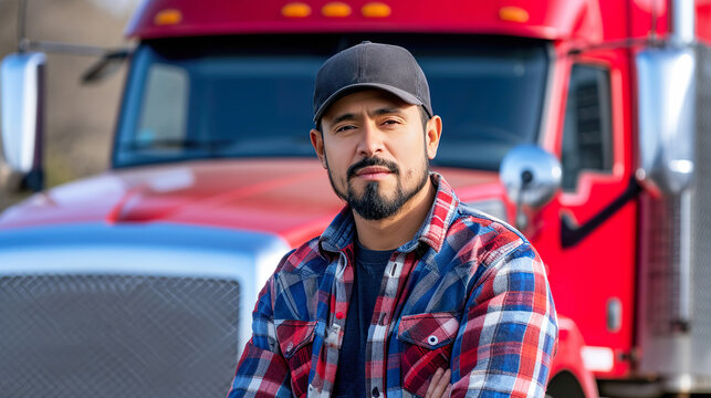 Hispanic male truck driver taken a break