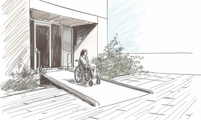 Wheelchair user leaving a building via an access ramp, mobiliy impaired friendly design, drawing or architectural sketch, modern adapted contemporary urban design, safe wheelchair ramp slope example